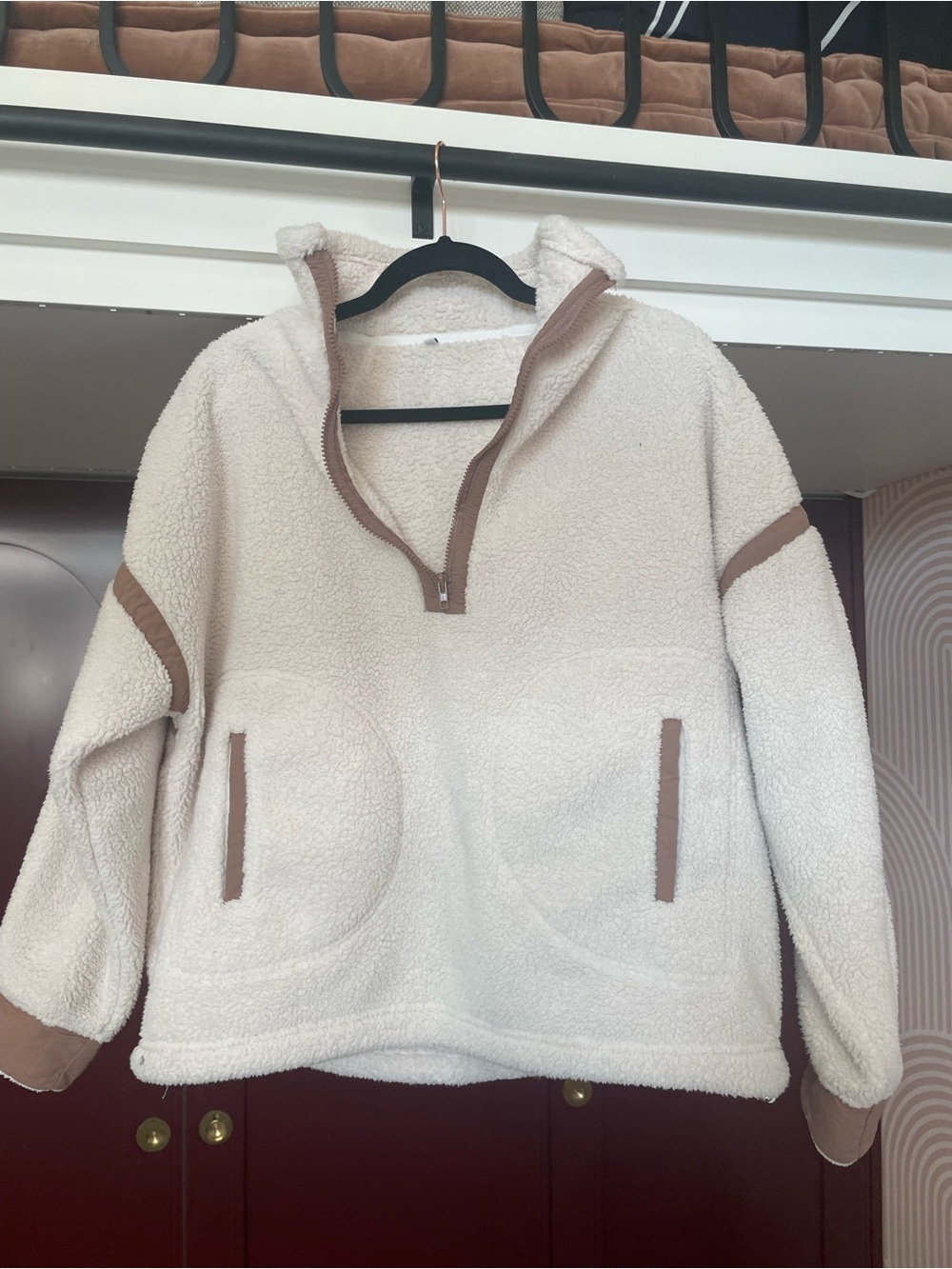 Cream Sherpa Half-Zip Pullover with Tan Trim